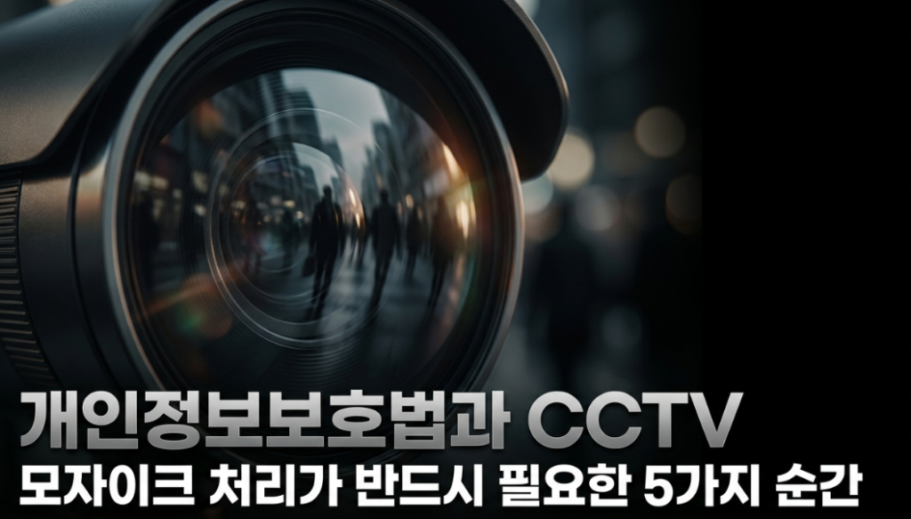 CCTV 카메라 렌즈 클로즈업 배경 위에 '개인정보보호법과 CCTV, 모자이크 처리가 반드시 필요한 5가지 순간'이라는 텍스트가 적힌 이미지