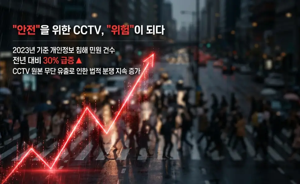 비 내리는 도심 횡단보도를 건너는 사람들의 흐릿한 배경 위로 빨간색 상승 꺾은선 그래프가 그려져 있으며, CCTV로 인한 개인정보 침해 민원 급증 및 법적 분쟁 증가를 경고하는 통계 텍스트가 담긴 이미지