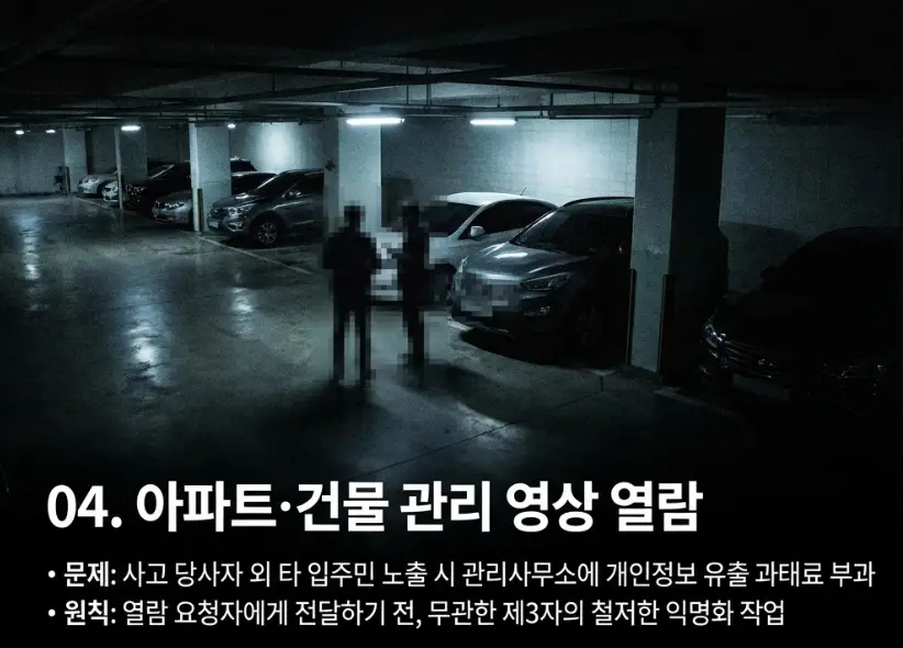 어두운 지하 주차장에 주차된 차량들과 모자이크 처리된 두 사람의 실루엣 배경 위에 '04. 아파트·건물 관리 영상 열람' 제목과 함께 타 입주민 노출 시 과태료 문제 및 제3자 익명화 작업 원칙을 설명하는 텍스트가 담긴 이미지