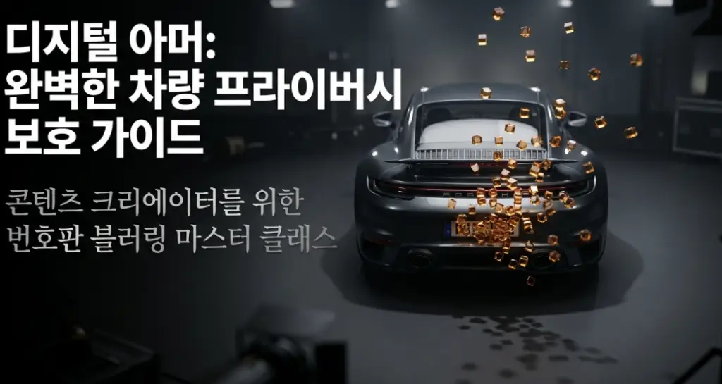 튜디오 안에서 스포츠카의 후면 번호판 부위로부터 황금색 모자이크 큐브 입자들이 흩날리는 배경 위로, '디지털 아머: 완벽한 차량 프라이버시 보호 가이드' 및 '콘텐츠 크리에이터를 위한 번호판 블러링 마스터 클래스'라는 문구가 담긴 이미지