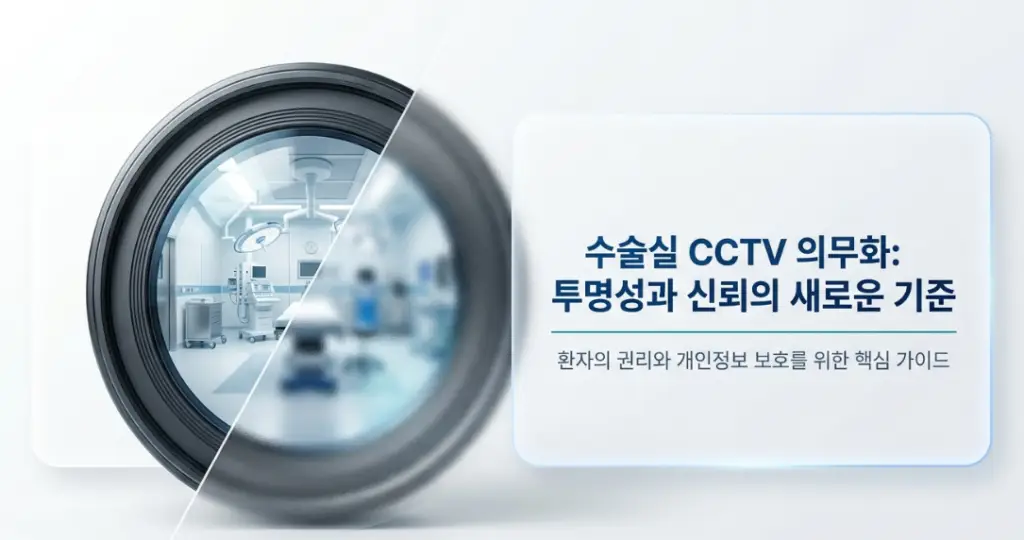 수술실 내부 전경이 비치는 대형 카메라 렌즈 모양의 그래픽 배경 위로, '수술실 CCTV 의무화: 투명성과 신뢰의 새로운 기준' 및 '환자의 권리와 개인정보 보호를 위한 핵심 가이드'라는 문구가 담긴 이미지