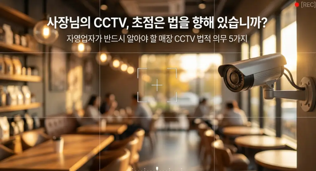 카메라 녹화 화면의 격자선과 포커스 가이드라인 안에 아늑한 카페 내부와 벽에 설치된 CCTV 카메라를 보여주는 배경 위로, '사장님의 CCTV, 초점은 법을 향해 있습니까?'와 '자영업자가 반드시 알아야 할 매장 CCTV 법적 의무 5가지'라는 텍스트가 적힌 이미지