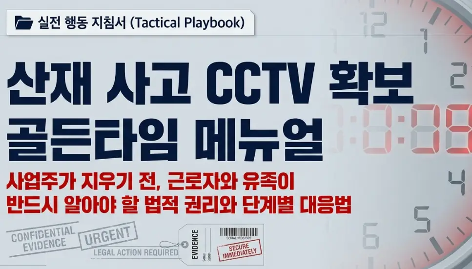 '산재 사고 CCTV 확보 골든타임 메뉴얼'이라는 큰 제목과 함께 '사업주가 지우기 전, 근로자와 유족이 반드시 알아야 할 법적 권리와 단계별 대응법'이라는 텍스트가 적힌 실전 행동 지침서 표지 이미지