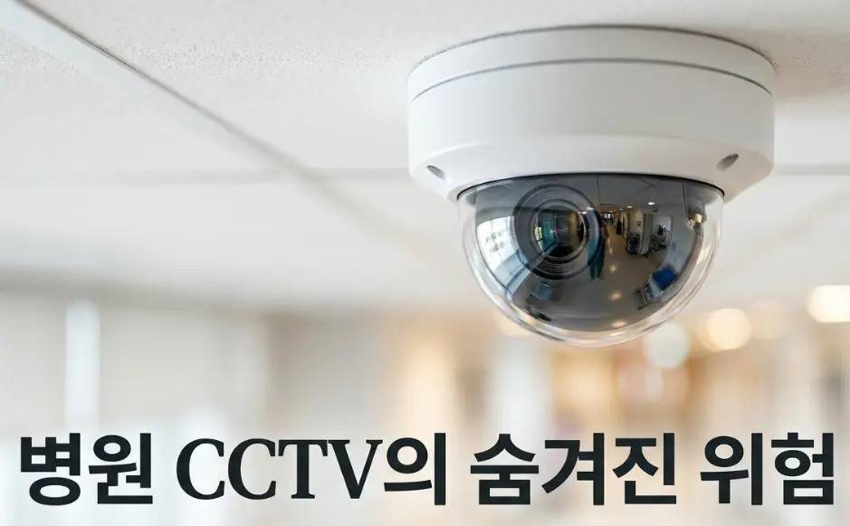 병원 복도 전경이 돔 렌즈에 비치는 천장형 흰색 CCTV 카메라 배경 위로, 하단에 굵은 검은색 글씨로 '병원 CCTV의 숨겨진 위험'이라는 텍스트가 적힌 이미지