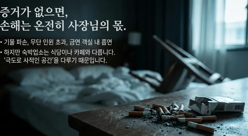 담배꽁초와 재가 지저분하게 널려 있는 테이블과 어질러진 침대, 쓰러진 의자가 있는 숙박업소 객실 배경 위로 '증거가 없으면, 손해는 온전히 사장님의 몫'이라는 문구와 숙박업소의 사적 공간 특성을 설명하는 텍스트가 담긴 이미지