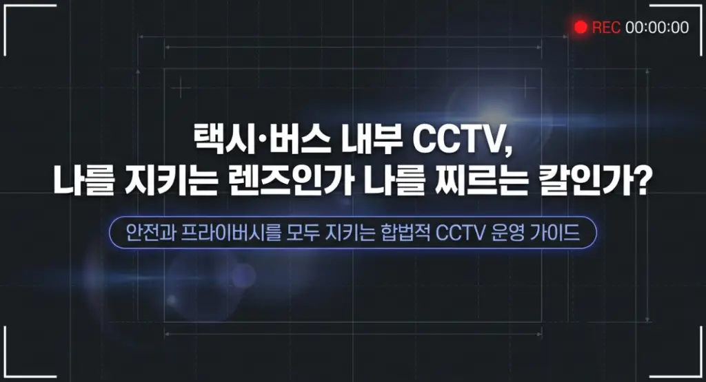 카메라 녹화 인터페이스와 푸른색 렌즈 플레어 배경 위로 '택시·버스 내부 CCTV, 나를 지키는 렌즈인가 나를 찌르는 칼인가?'라는 메인 카피와 '안전과 프라이버시를 모두 지키는 합법적 CCTV 운영 가이드'라는 문구가 담긴 이미지