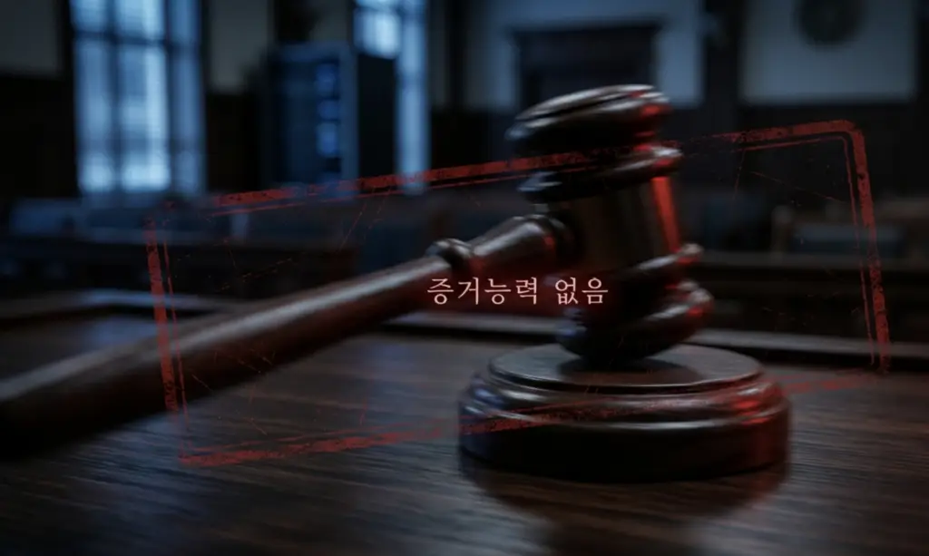 어두운 법정 내부의 나무 책상 위에 놓인 판사봉 위로 빨간색 직인 도장 모양의 프레임과 '증거능력 없음'이라는 문구가 도장처럼 찍혀 있는 이미지
