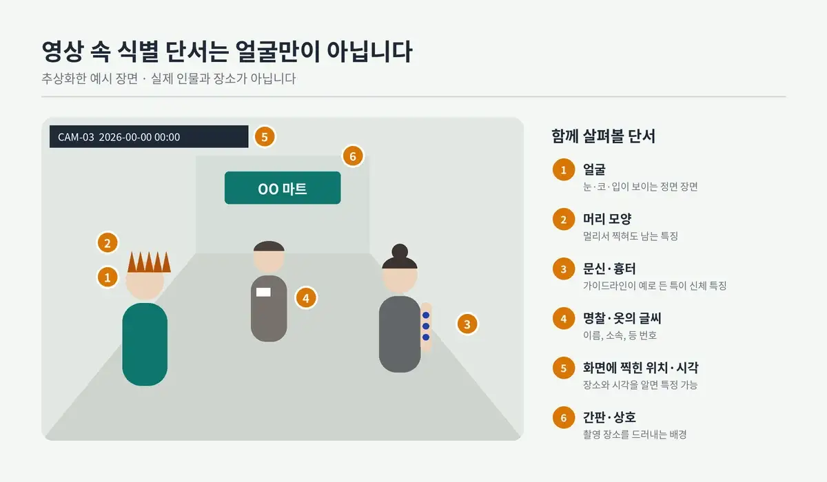 영상 속 개인 식별 단서를 표시한 추상 그림: 얼굴, 머리 모양, 문신·흉터, 명찰과 옷의 글씨, 화면에 표시된 촬영 위치와 시각, 간판·상호